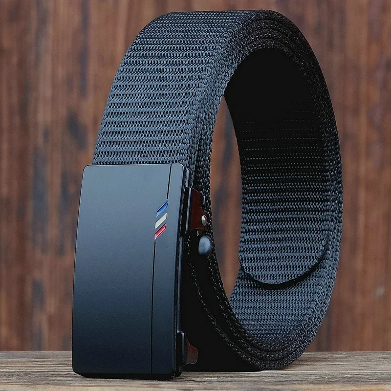 Toothless Hole-free Automatic Buckle Plastic Nylon Canvas Belt Belt Trendy Men's All-match Belt with Outer and Inner Buckle
