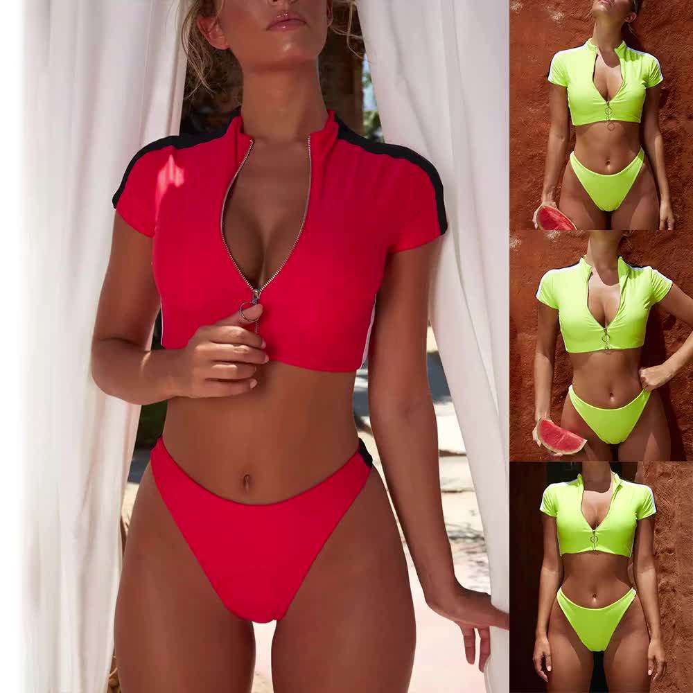 High Quality Swimsuit Sports Split Half Sleeve Thong Swimwear Solid