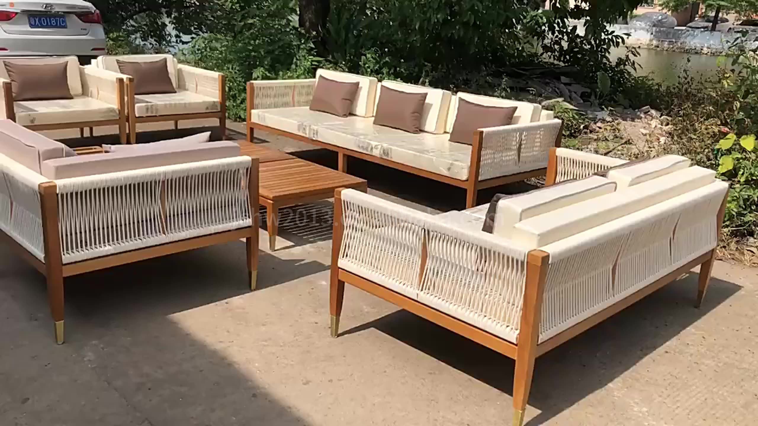 Modern Teak Outdoor Sofa Set Rope Patio Balcony Hotel Leisure Furniture