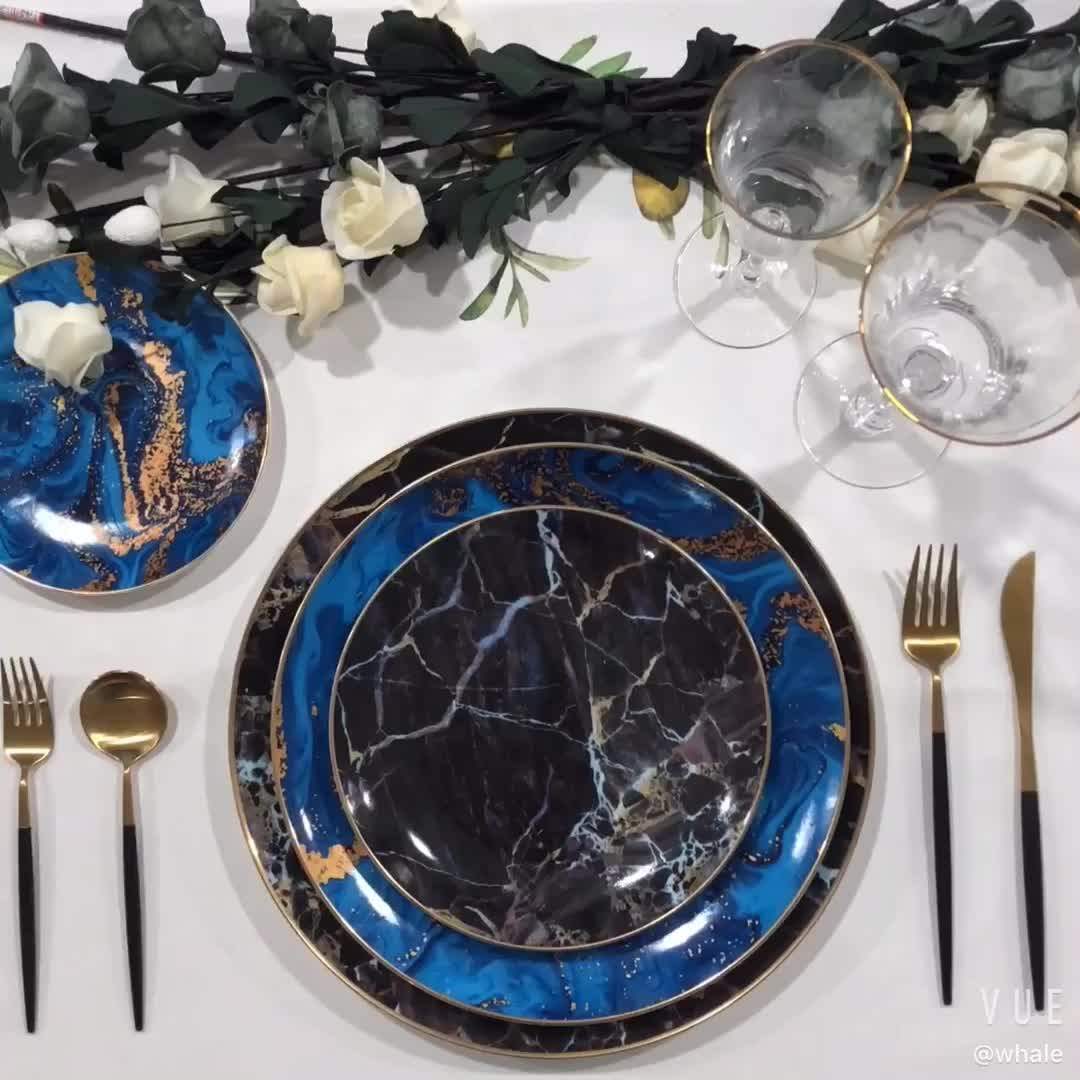 Ceramic Rose Gold Banquet Dinnerware Sets Black Marble Bone China