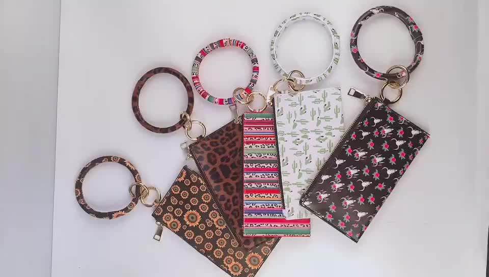Wholesale Pu Leather Wristlet Wallet Bangle Keychain Serape Leopard Pu