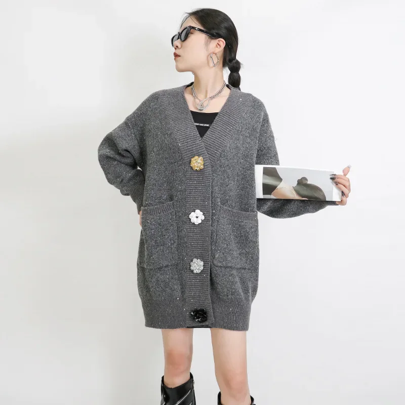 Pin, knitted cardigan, sweater, demi-season thermal underwear, long jacket, plus size, mid-length