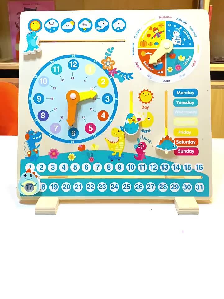 Montessori Educational Dinosaur Clock Board Wooden Children's Teaching ...