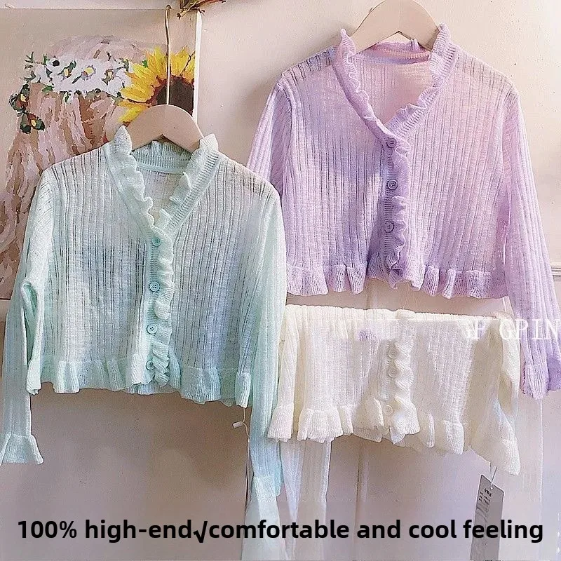 Girls' Sunscreen Clothing Western Style Sweet Children's Thin Knitted Sweater 2024 Summer Fashion Ear Thin Air-conditioning Shirt