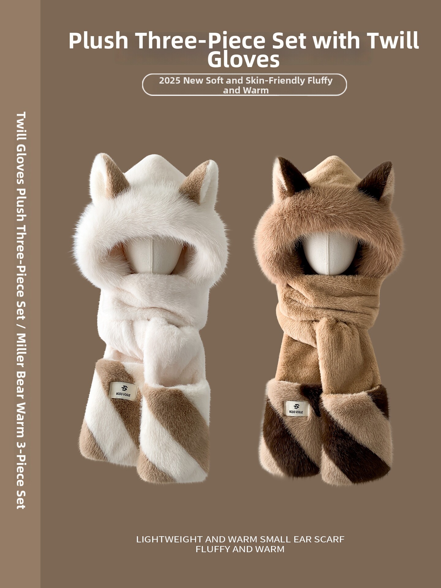 Cute Fox Ear Plush Hat, Scarf, and Gloves Three-Piece Set for Women, Thickened for Winter Warmth, Suitable for Cycling and Cold Protection