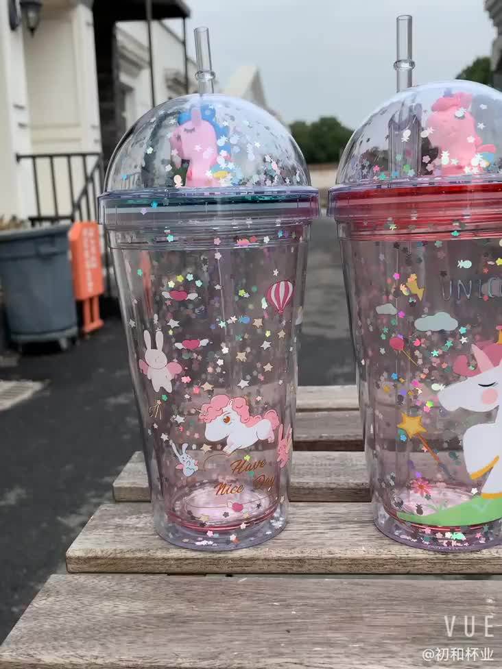 Tasse Double Paroi Enfant Forreen Gobelets Réutilisables Avec Paille - Motif Kawaii Licornes Scintillantes, Tasse Double Paroi 380ml Pour Enfants Et Adultes