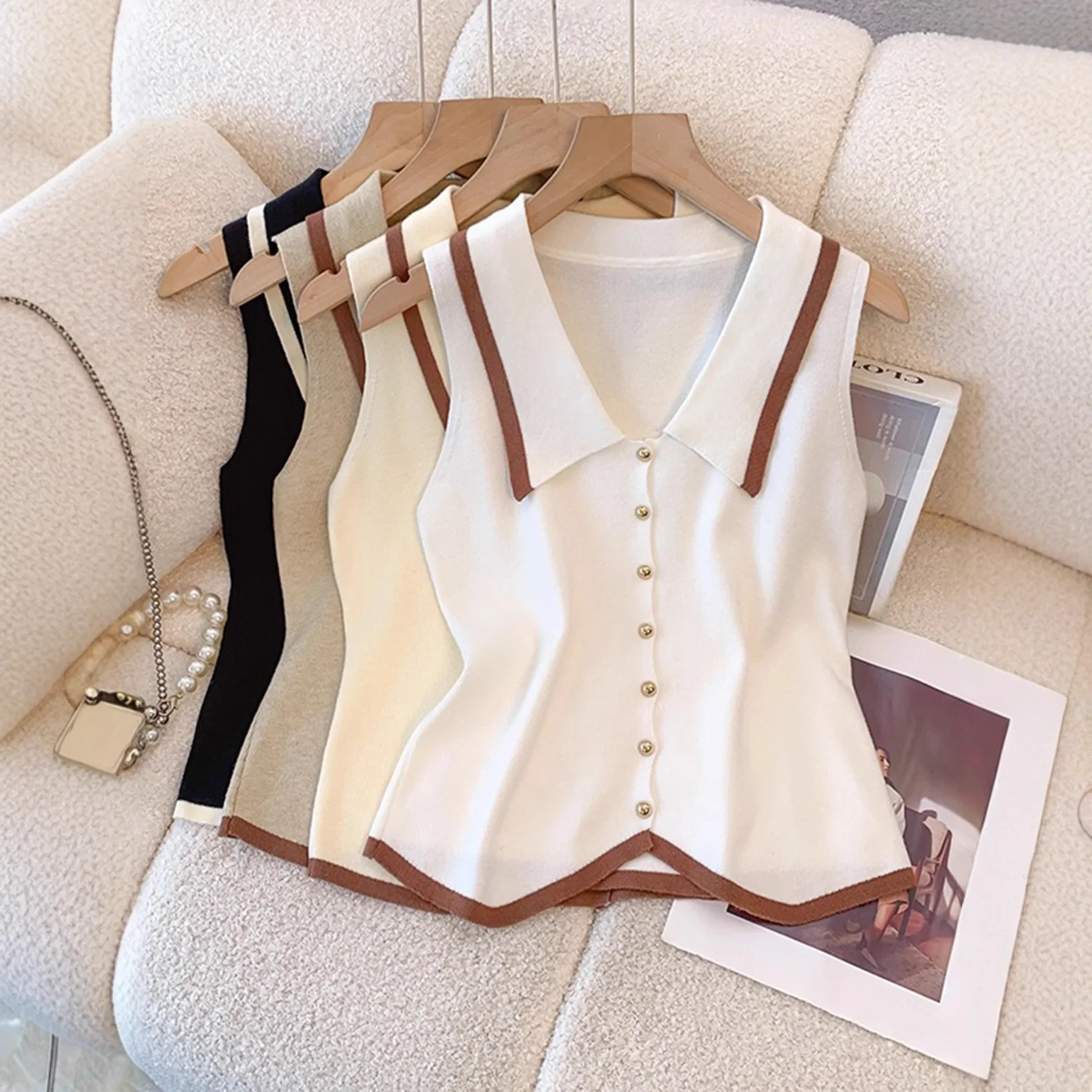 French-style Sleeveless Knitted Top With A Small Chanel-inspired...