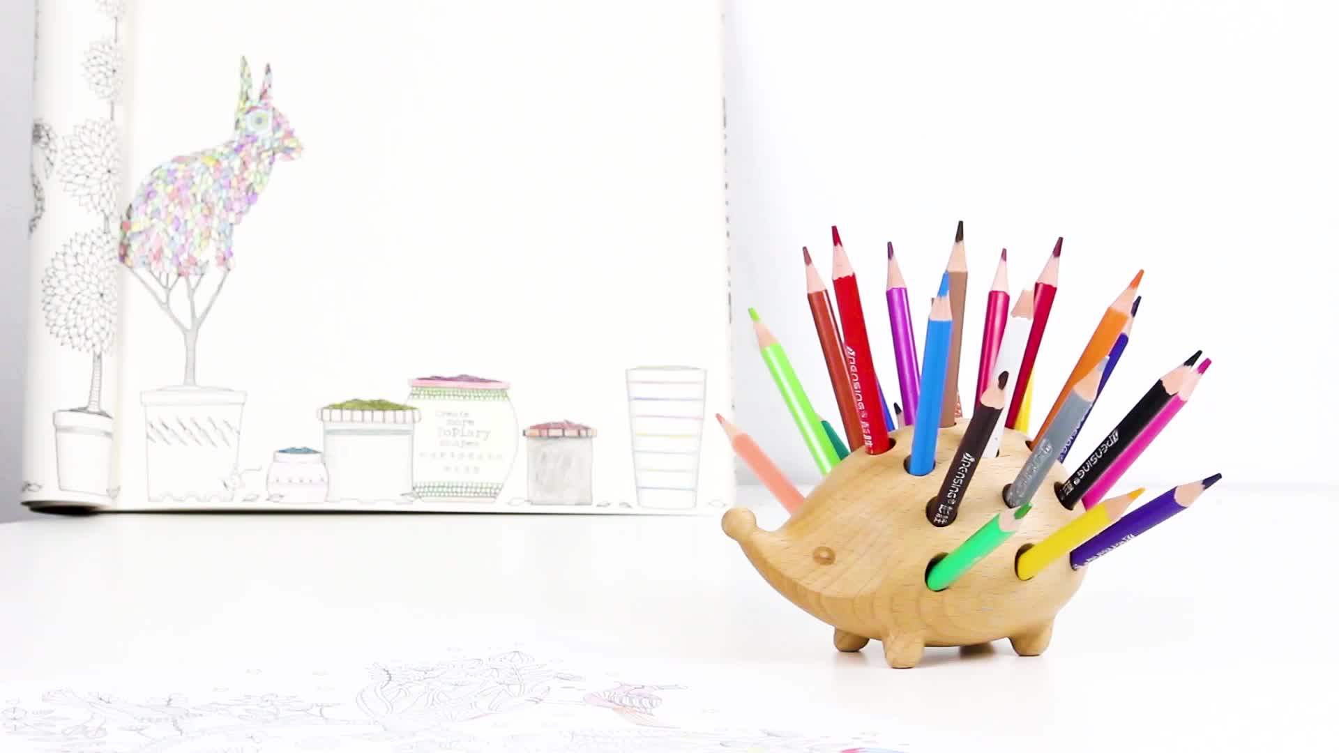 Wooden Animal Hedgehog 24 Hole Pen Inserted Stand Multifunctional Desk