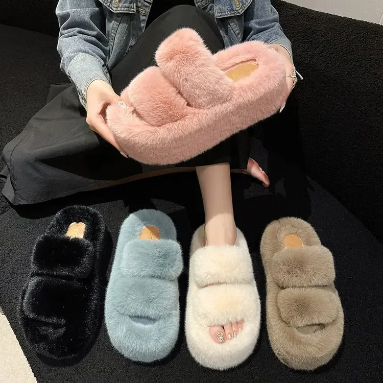 Slippers platform, demi-season fleece keep warm footwear, internet celebrity, 7cm, plus size, for teenagers