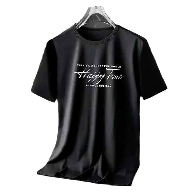 2024 Summer Mesh Ice Silk T-shirt All-match Printed Thin Round Neck Quick-drying Short-sleeved T-shirt Men's Sports Style