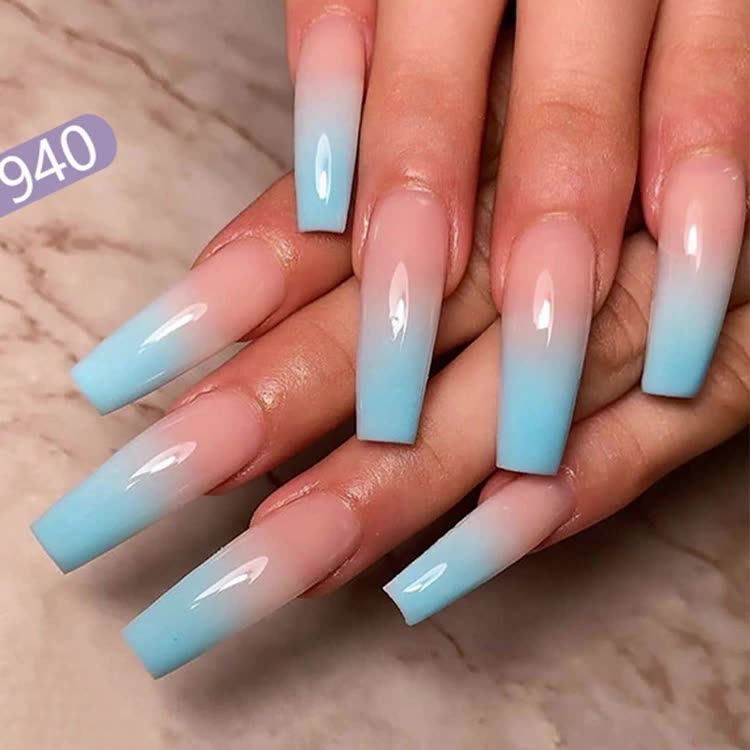 Skin Color And Sky Blue Gradient Long Artificial Fake Nails - Buy