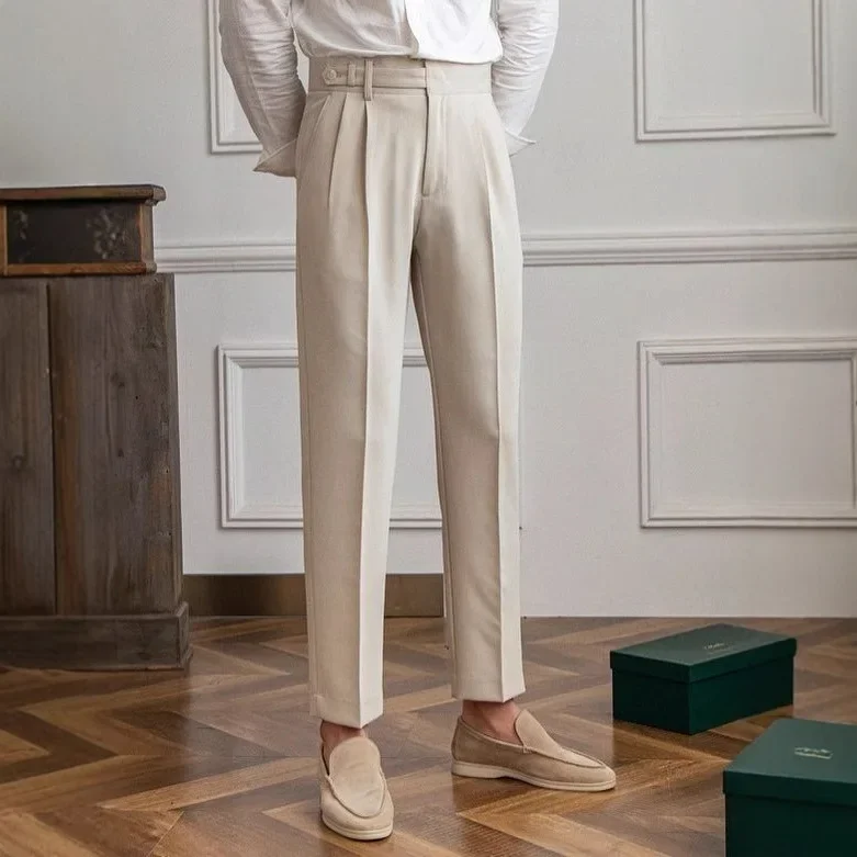 Spring and Autumn Korean-style Naples Design Mid-high Waist Straight Ankle Pants British Straight Anti-wrinkle Casual Pants for Men