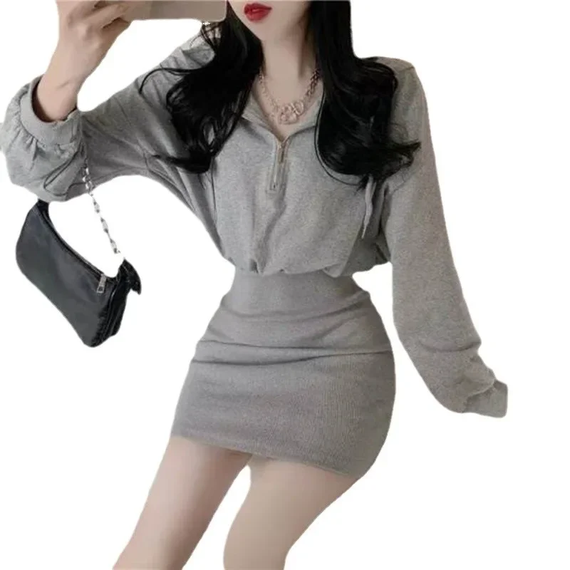 Pure Desire Style Hot Girl Short Sleeve Hooded Sweatshirt Skirt Summer Long Sleeve Waist Cinching Booty Short Skirt Petite Black Dress