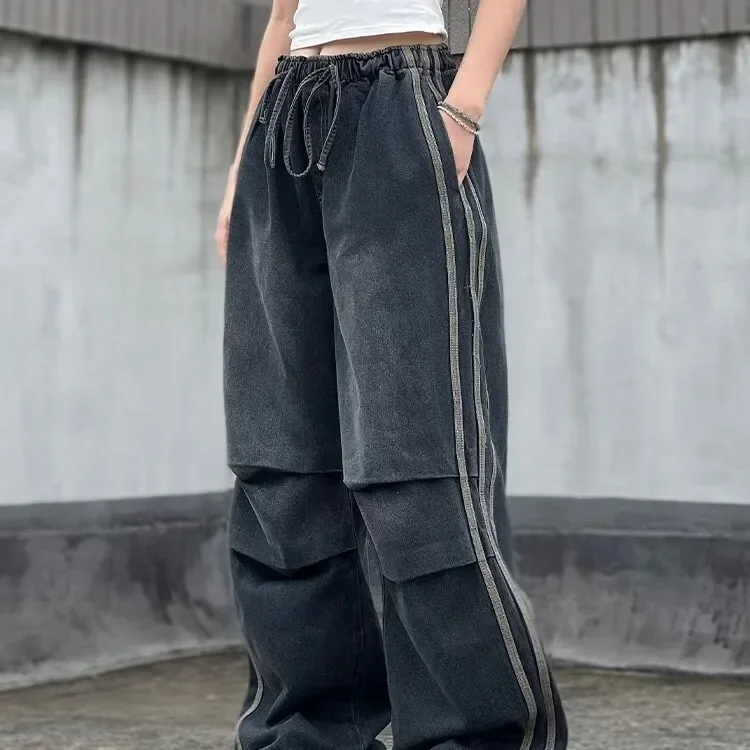 2024 American Pleated Design Stitching Striped Wide Leg Straight Jeans Men's Trendy Loose High Street Pants