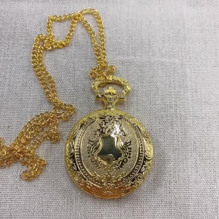 Royal Gold Shield Crown Pattern Quartz Pocket Watch Luxury Necklace