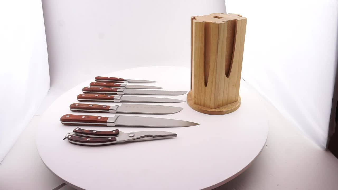 Rivet Wood Handle Stainless Steel Kitchen Knife Set With Wooden