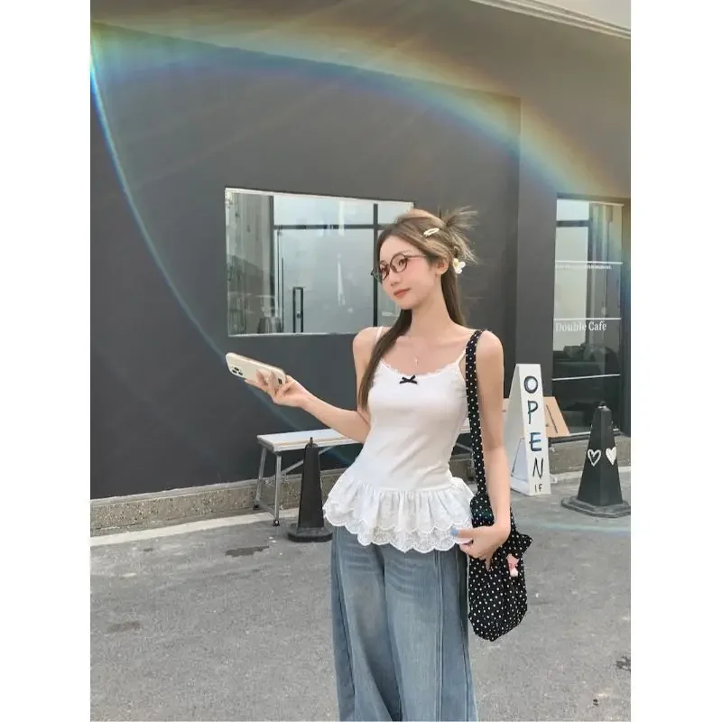 White Camisole Women's Spring and Summer Outer Wear Slim-fit Stacked Inner Ballet Style Lace Hem Lace Base Top