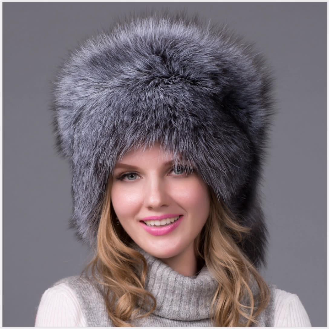 Ear Flaps Real Fox Fur Hat Mongolian Fur Hat Ski Grey Women Ear