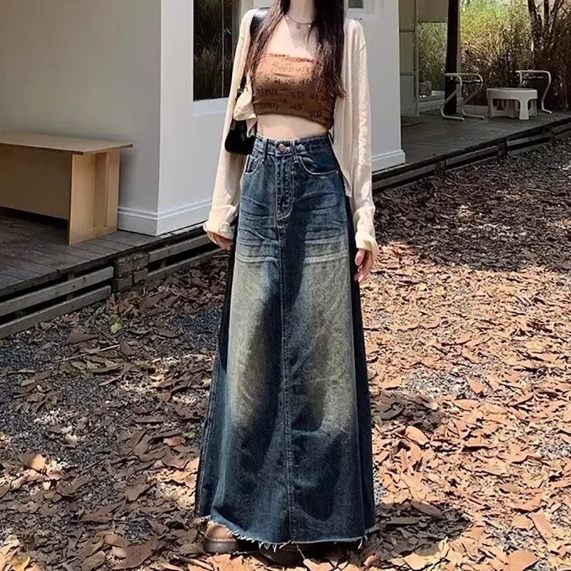 Old Washed Denim Half-Body Skirt for Women, Spring and Autumn Season, Hot Girl Retro Straight A-Line Design Slimming Long Skirt 2407