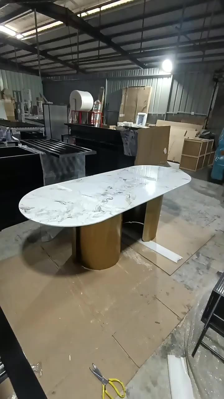 Nordic Marble Dining Table And Chair Combination Oval Gold Marble Top