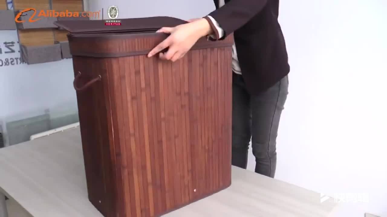 Collapsible Double Black Bamboo Laundry Hamper Basket With Lid And