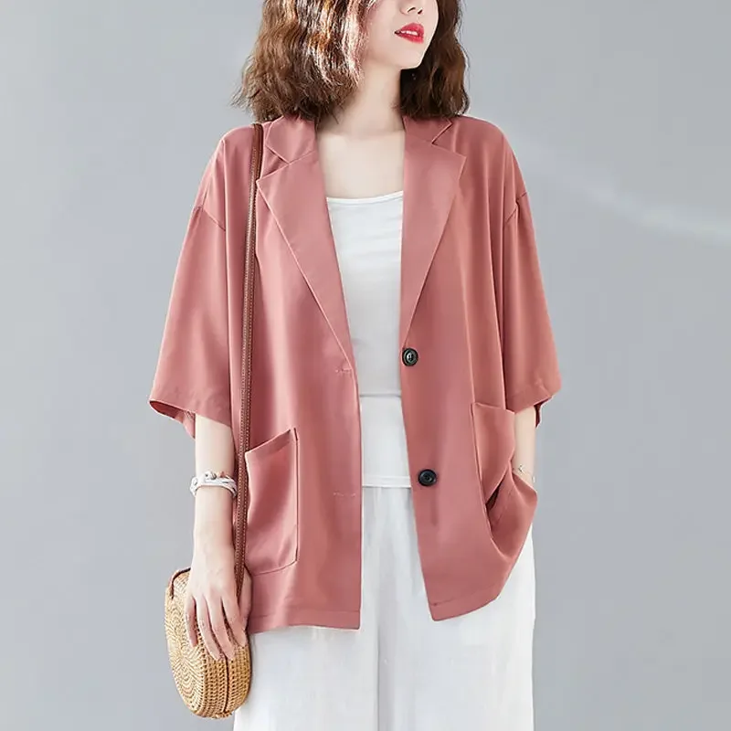 Solid Color Single Row Two Buckle Loose Small Suit Jacket Chubby Large Size Women's Short Sleeve Lap Double Pocket Cardigan