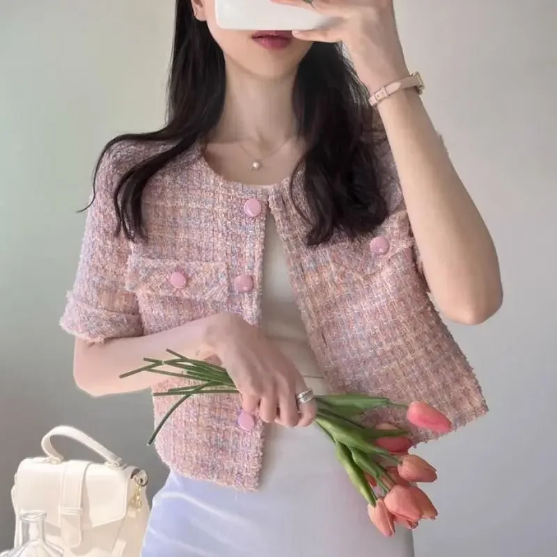 Летняя ретро-куртка, в стиле Chanel, круглый воротник, с коротким рукавом