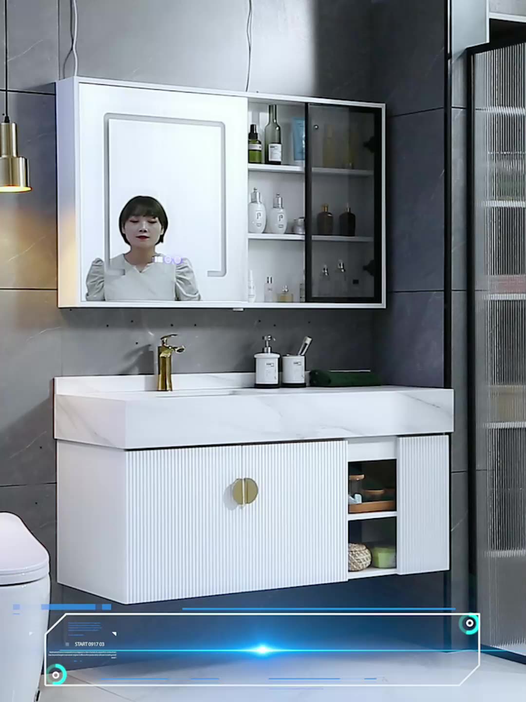 Light luxury bathroom cabinet combination rock board Powder room Modern sink washbasin Bathroom intelligent mirror Floor-to-ceiling sink