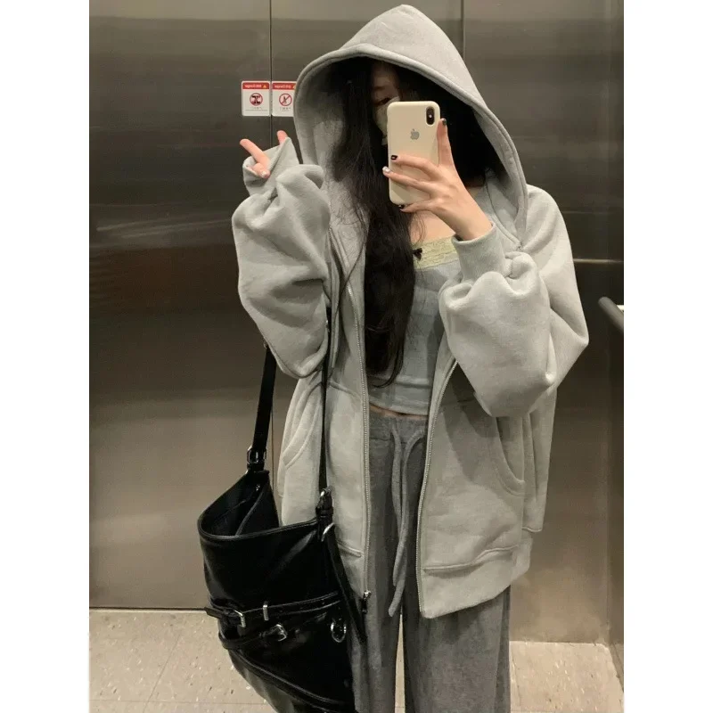 The version is really great_American oversize gray hooded zipper cardigan sweater loose plus velvet coat women