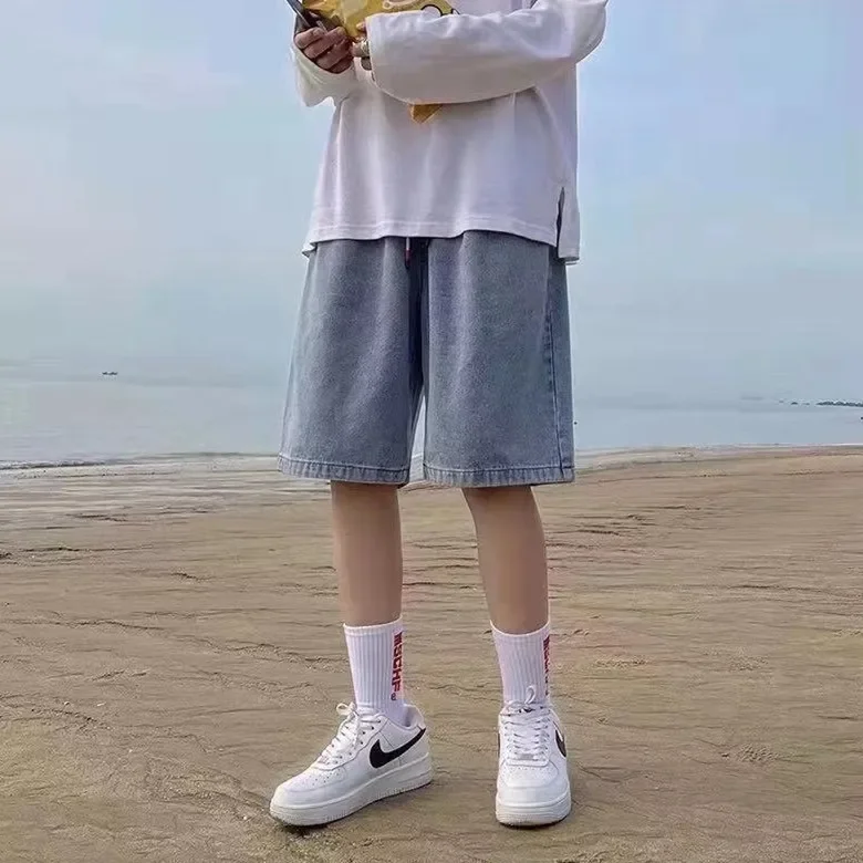 light blue Straight Denim Shorts for Men and Women Summer Thin Trendy Loose Wide-leg Mid-length Pants All-match Casual Pants
