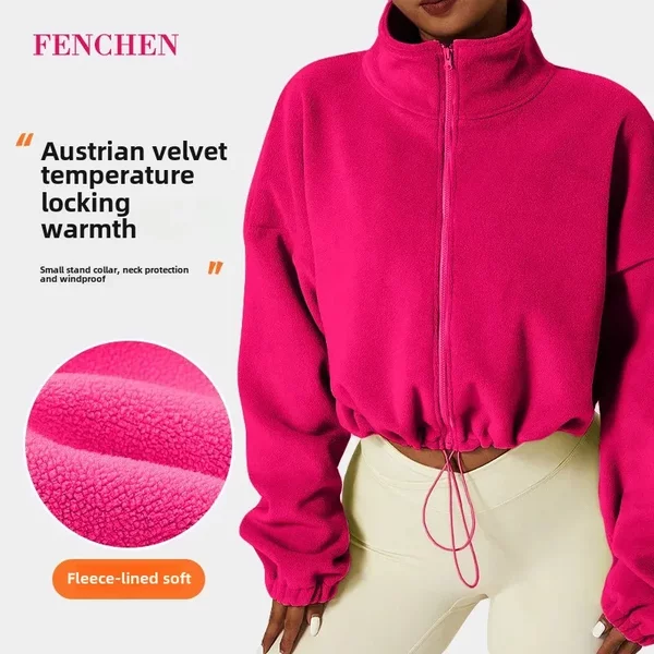 Winter fleece-lined Thickened Sports Jacket Women's Olympic Grain Fleece Collar Top Loose Sweatshirt Outdoor Fitness Casual Jacket