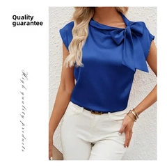 半開領蝴蝶結色丁上衣 小眾設計緞面女裝 亞馬遜跨境歐美新款T恤