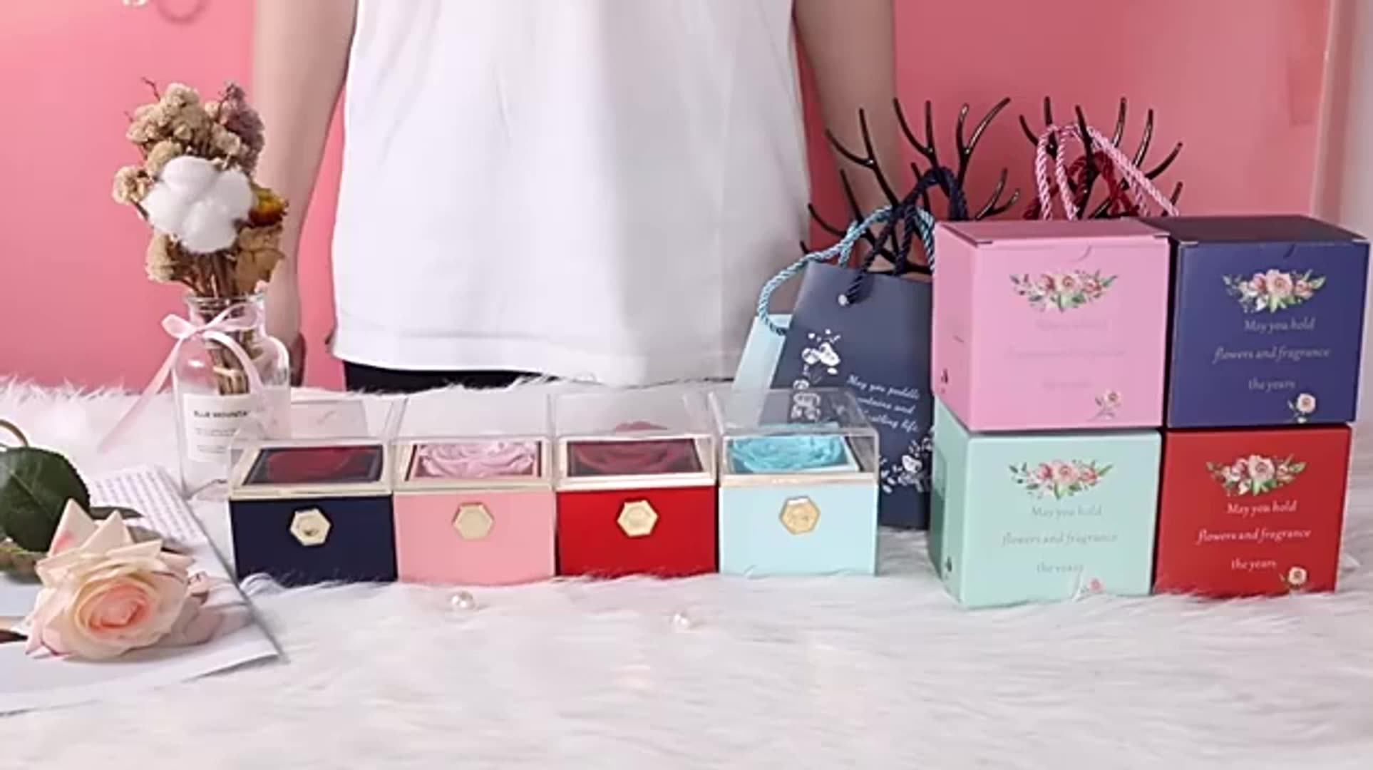 Rotating Eternal Rose Box Double Heart Engraved Flower Necklace Gift