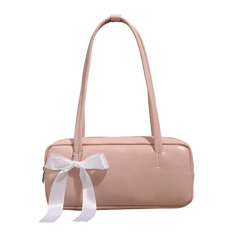 Fashion bow shoulder bag with underarm design, new spring and summer leisure versatile pillow bag, high-end light pink baguette bag