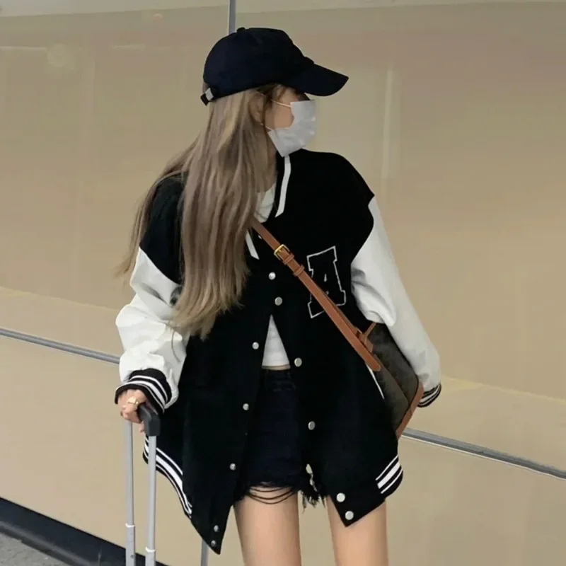 Vintage American Letter Embroidered Women's Baseball Jacket 2025 Autumn New Loose Matchy-Matchy Color Block Jacket Top