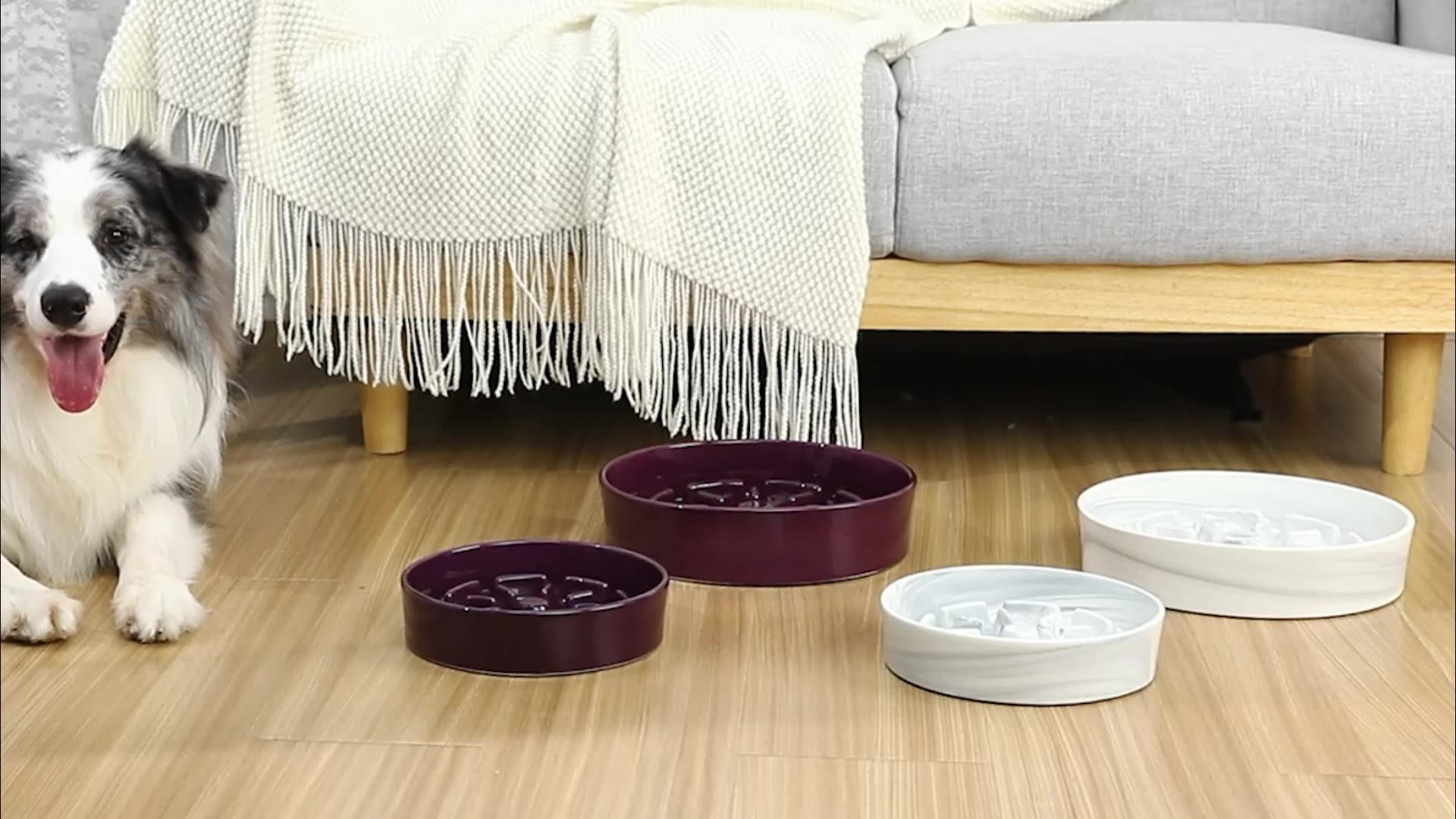 Purple Ceramic Slow Pet Food Water Dog Feeder Bowl Interactive Anti