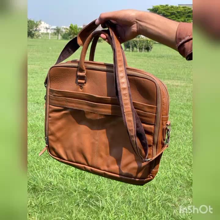Genuine Leather Laptop Messenger Bag Unisex Brown Business Travel
