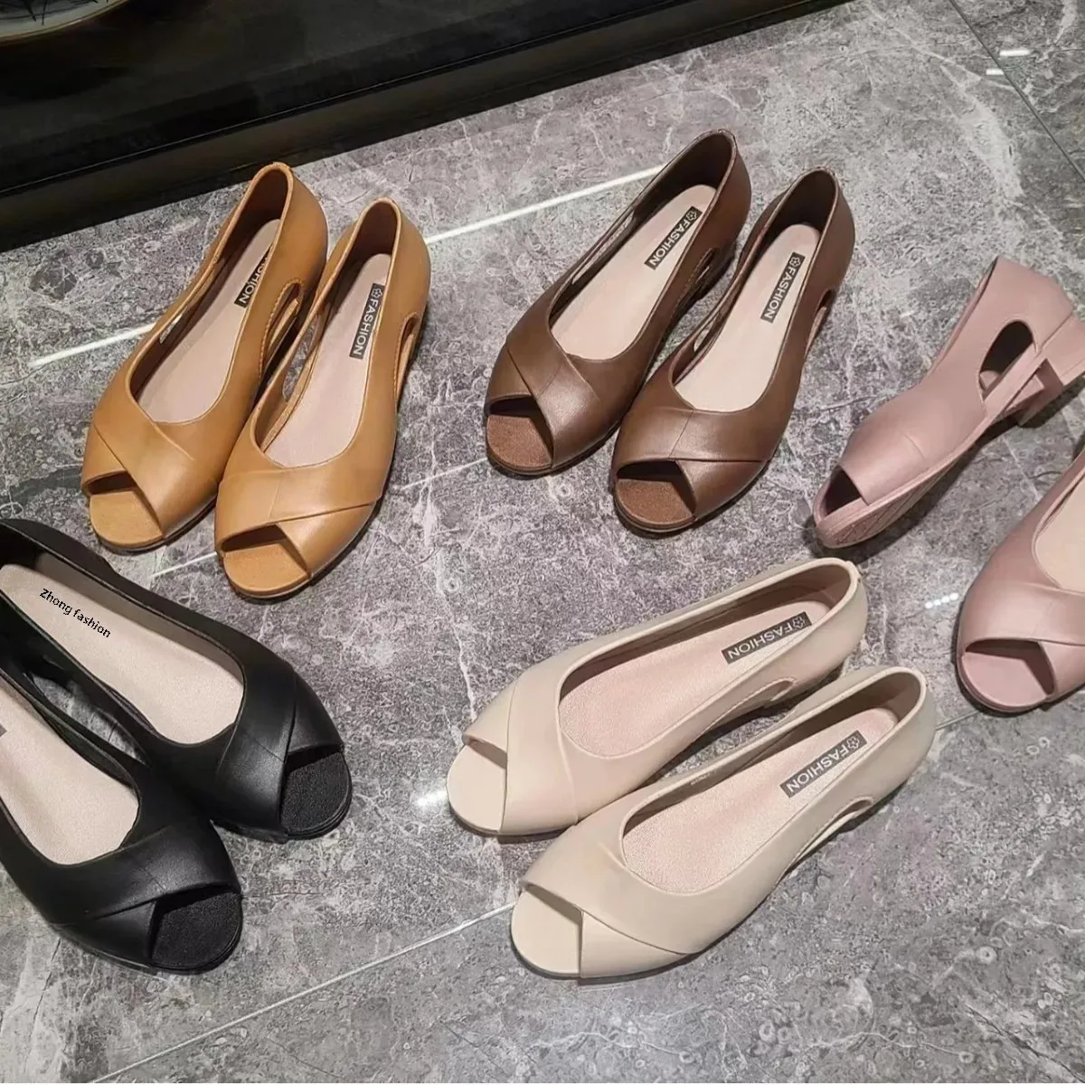 HELI Shark Sandals Women's Summer New Arrival Bag-heel Single-layer Shoes Fish-toe Chunky-heel Flat Casual Outer Wear Solid Color Fashionable Sandals