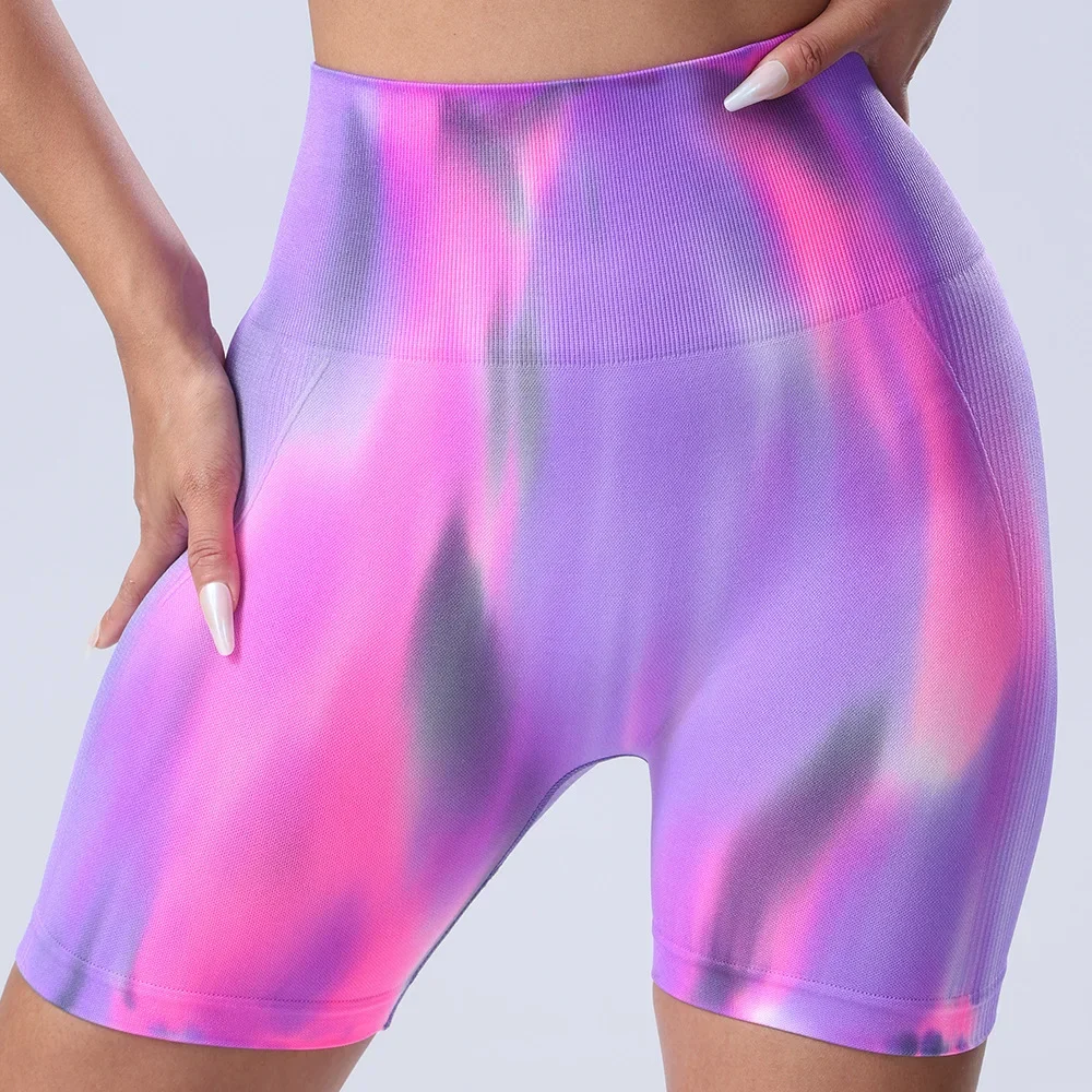 Europe and the United States cross-border high waist hip abdomen gradient sports fitness pants seamless color aurora yoga shorts ladies