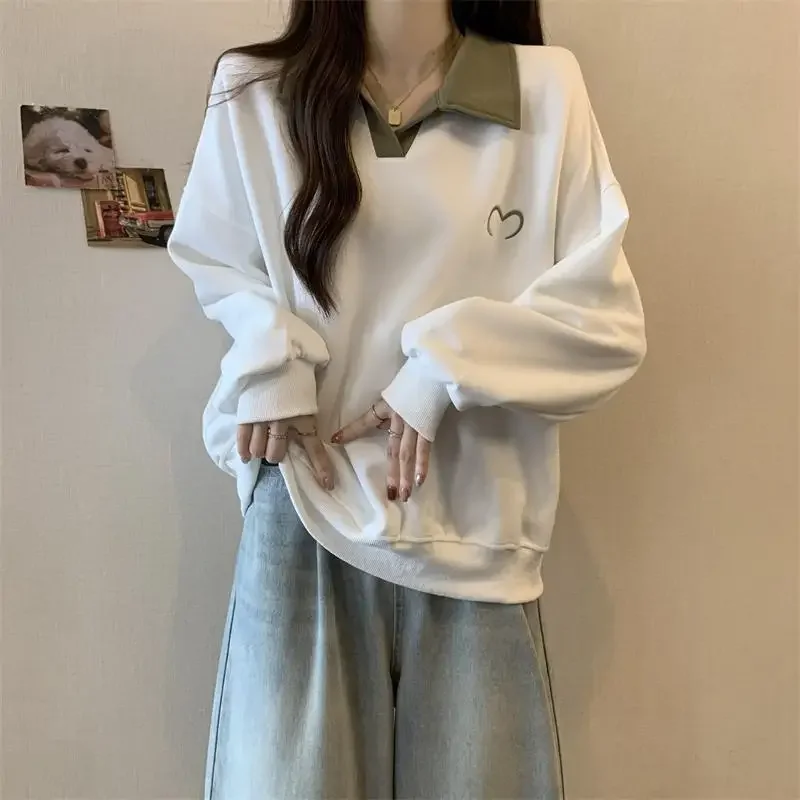 Polo Collar Long-Sleeve Base Shirt for Women, New Autumn Style, Plus-Size Loose Fit, Slimming, Large Size, Lazy Style, Versatile Design for Women