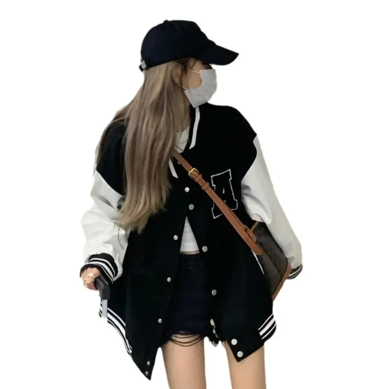 Vintage American Letter Embroidered Women's Baseball Jacket 2025 Autumn New Loose Matchy-Matchy Color Block Jacket Top