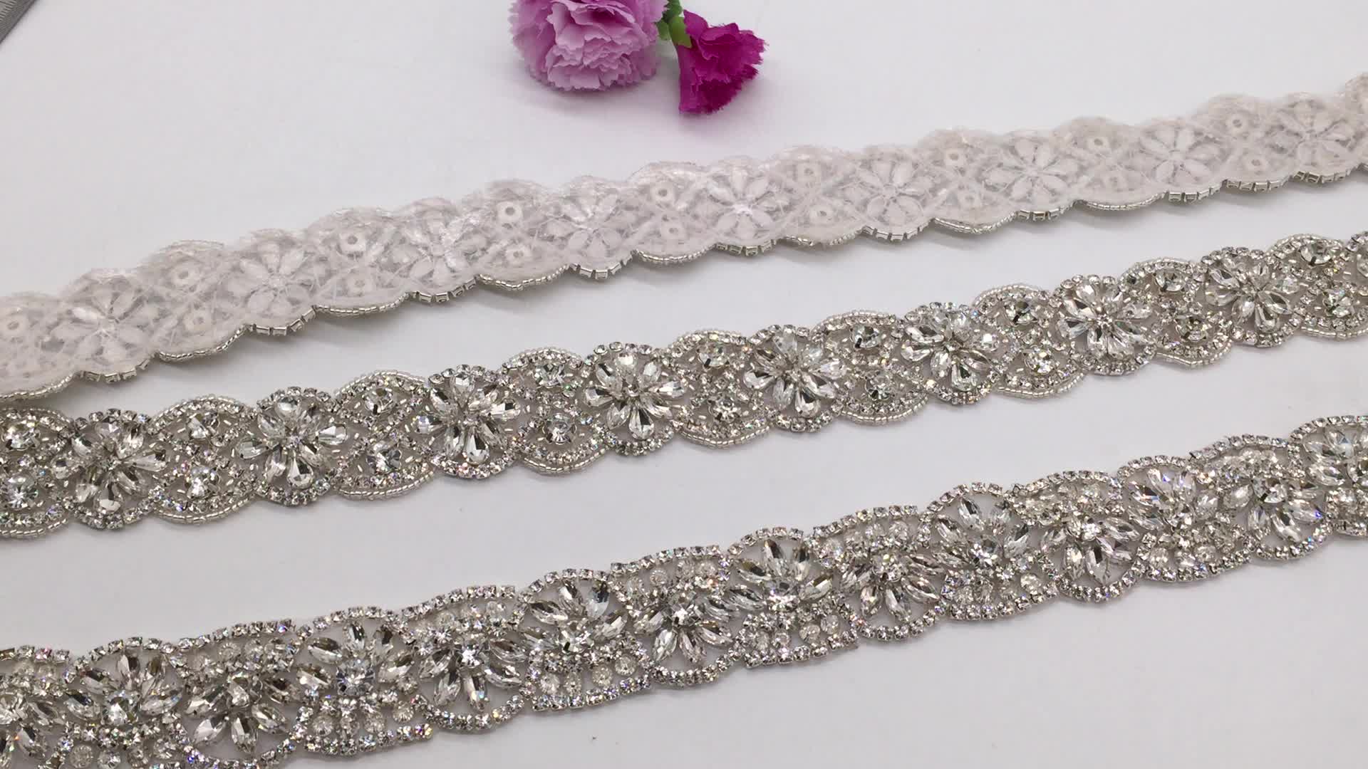 Wholesale Rhinestone Sew On Trim Bridal Decoration Fabric Laces Applique Rhinestone Banding Trim