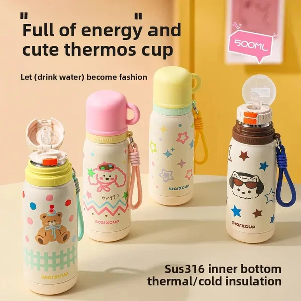 Cute and Good-Looking Girls' Student Thermos Cup with Large Capacity, Strap, Bullet-Shaped Cartoon Design, Dual Drinking Cup, Children's Cup