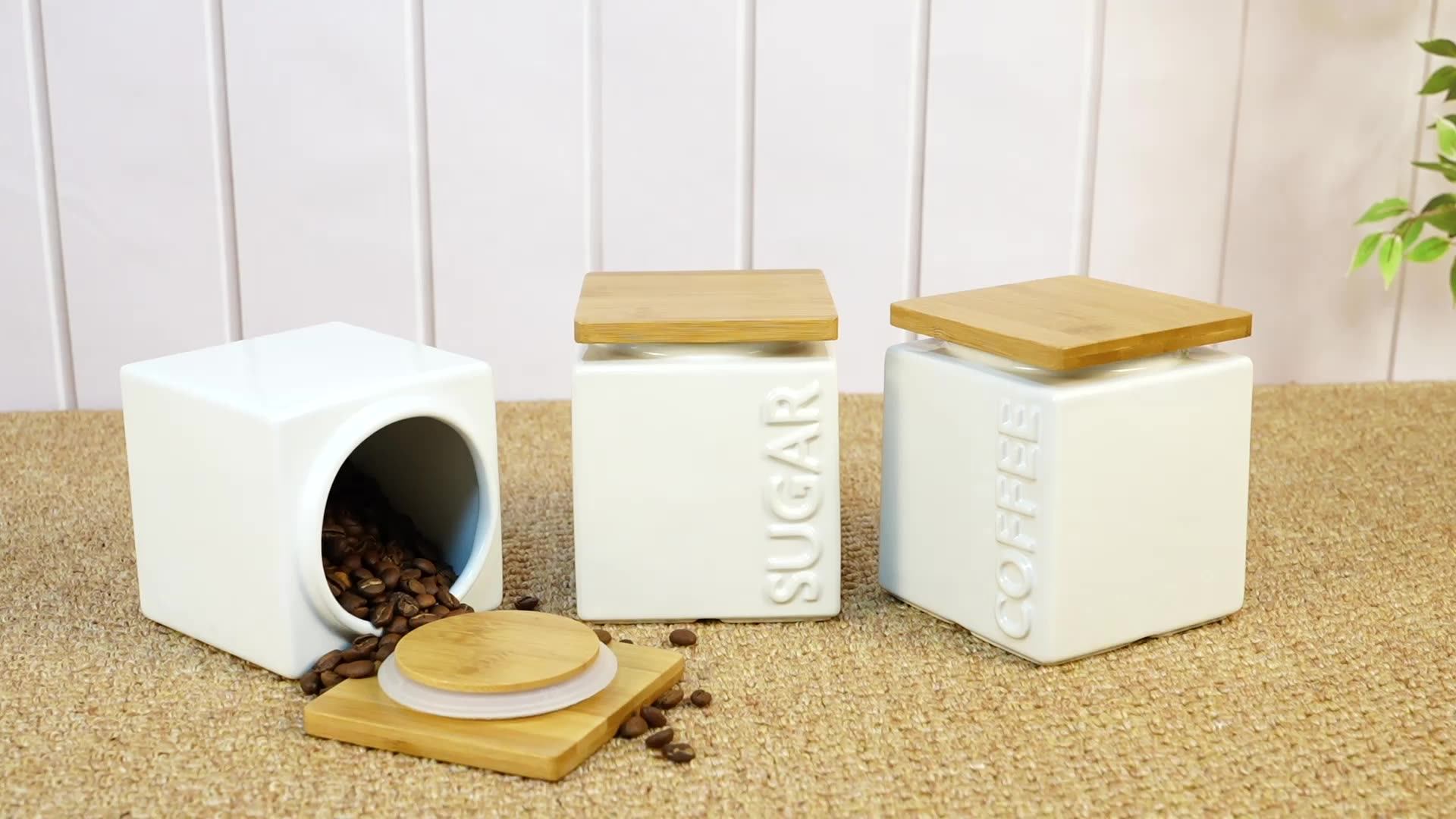 Tea Coffee Sugar Canister Square Shape Ceramic With Wood Lid Houseware