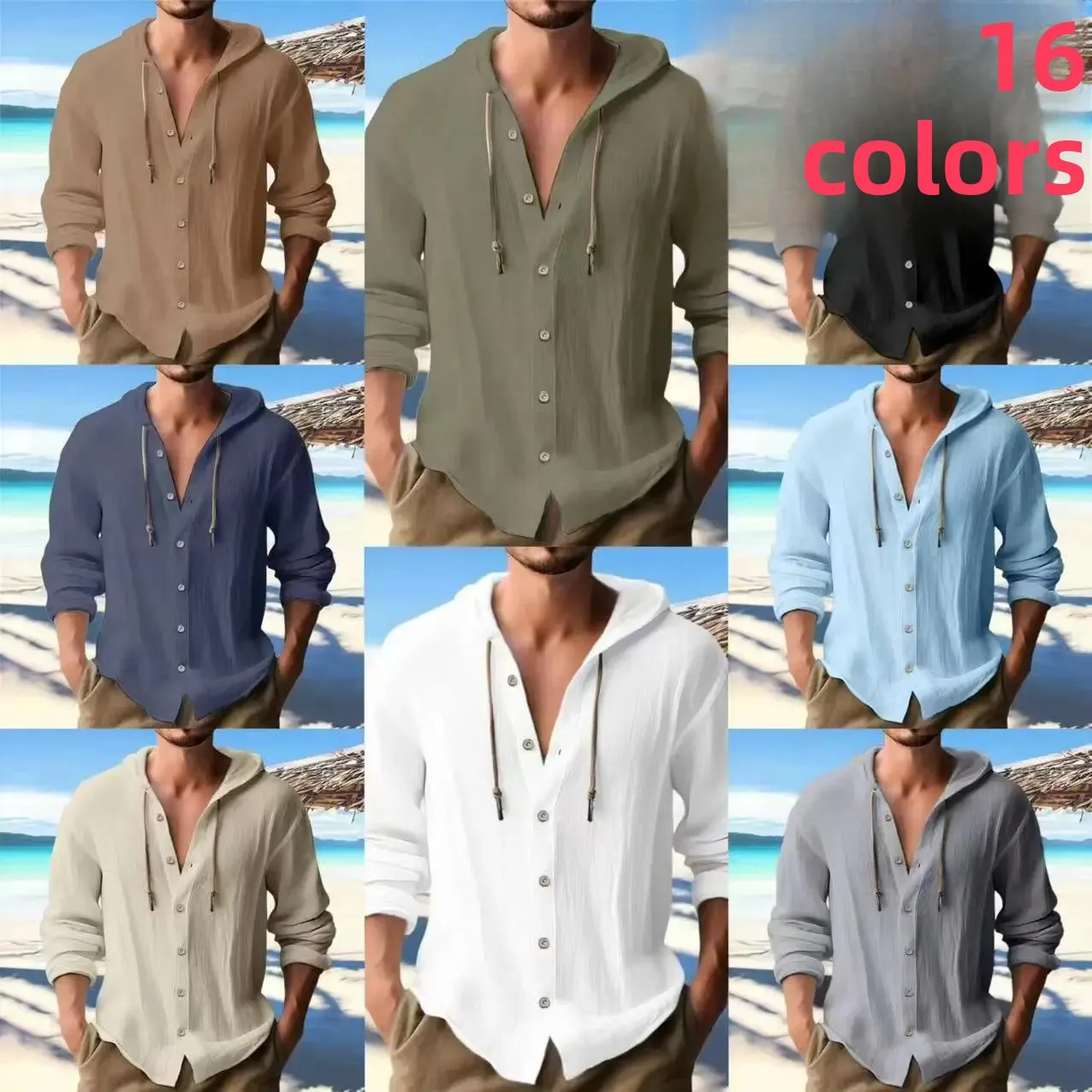 Cross-border Men's Sports Casual Long Sleeve Shirt Cotton Linen Hooded Fashion Sweatshirt Trendy All-match Loose Beach T-shirt
