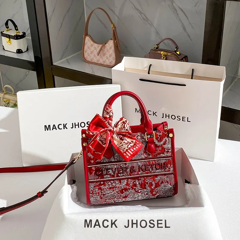 Red bag for bride, with embroidery, high-quality style