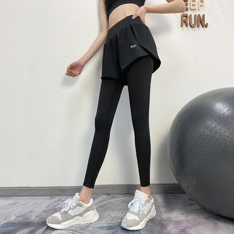Cross-border Fake Two-piece Yoga Women's Side Pocket Fitness Pants Quick-drying Running Tights Anti-embarrassment Sports Pants
