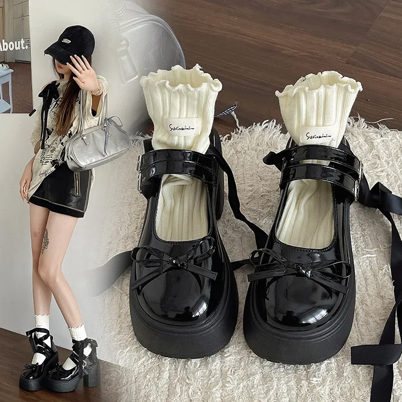 Fairy Style Bow Small Leather Shoes Women's 2025 Spring and Summer New Retro British Style Thick Heeled Platform Mary Jane Single-layer Shoes