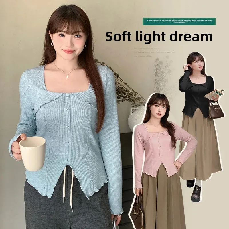 plus size belly-covered shoulder square collar irregular long sleeve T-shirt women's autumn chubby girl slim inner base shirt 63509