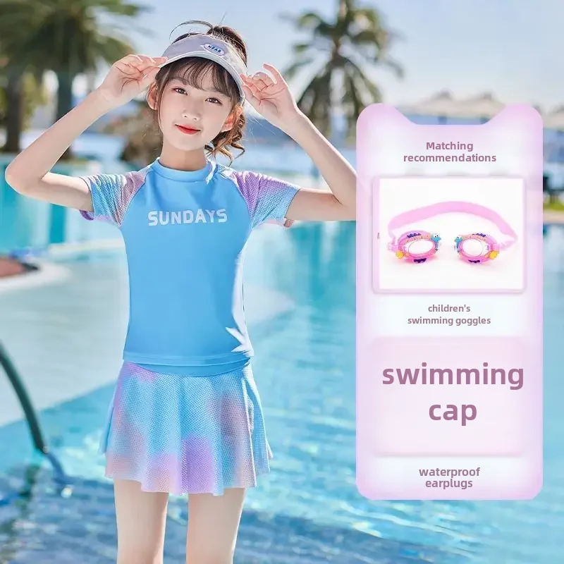 Children's cute summer beach split swimwear, with short sleeve, sun protection, for teenagers